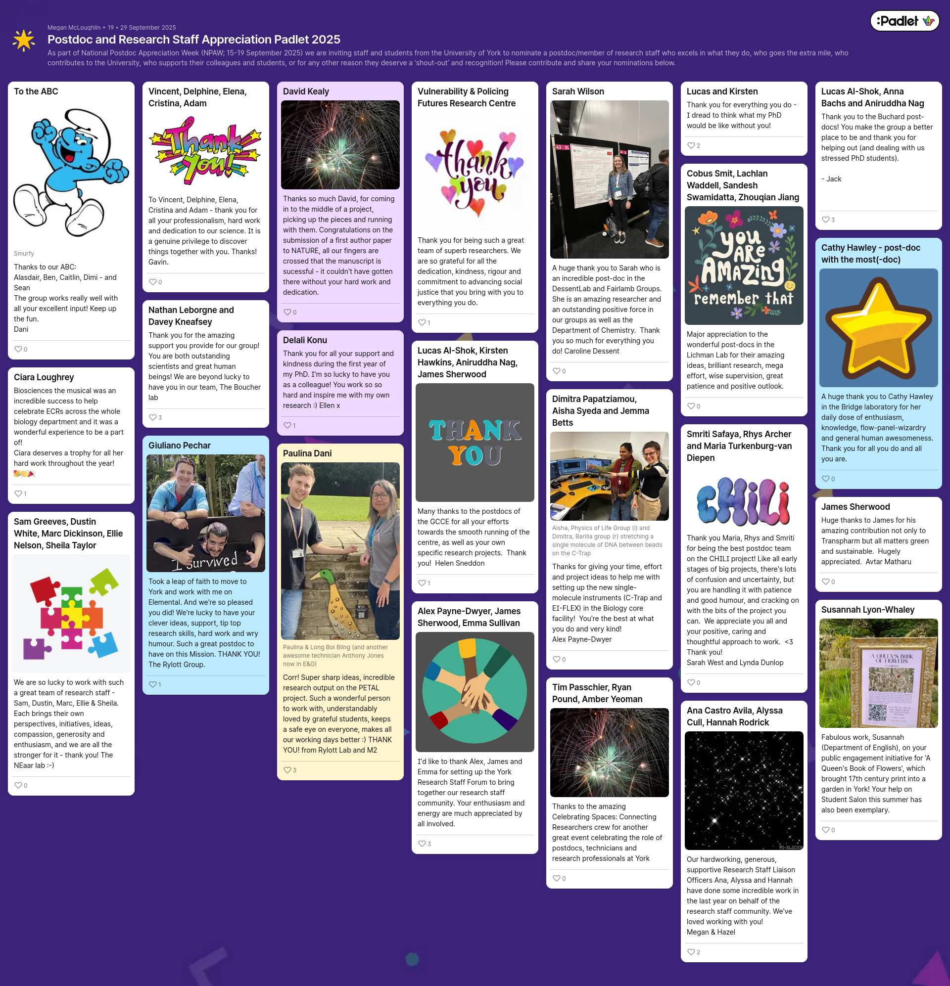 A board of notes containing messages of thanks and support to various members of our postdoctoral community